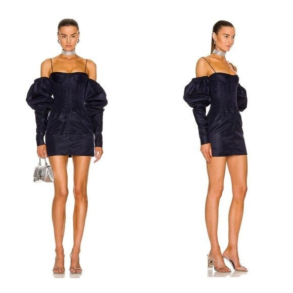 LaQuan Smith Off the Shoulder Formal Puff Sleeve Mini Dress in Navy Size S NEW